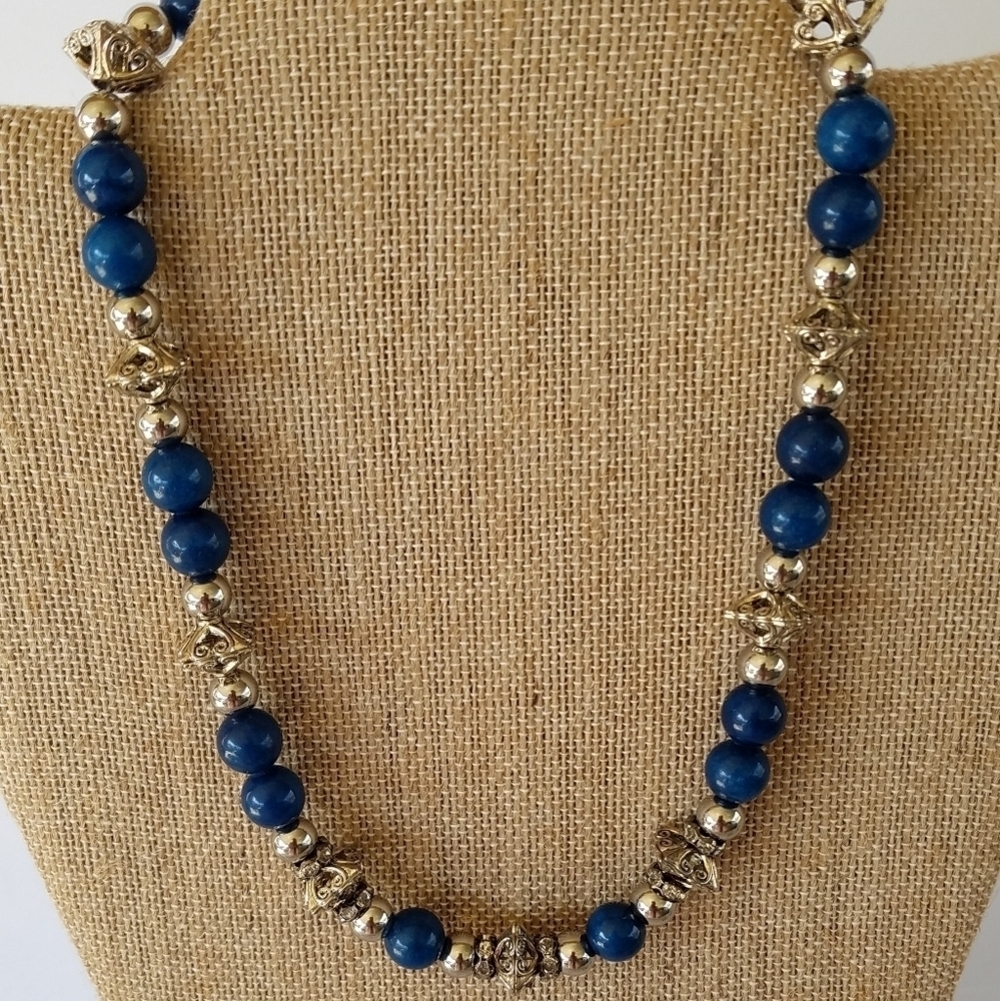 Hand Crafted Gemstone Necklace Blue and Silver Iron Beads 17.5 in. choker